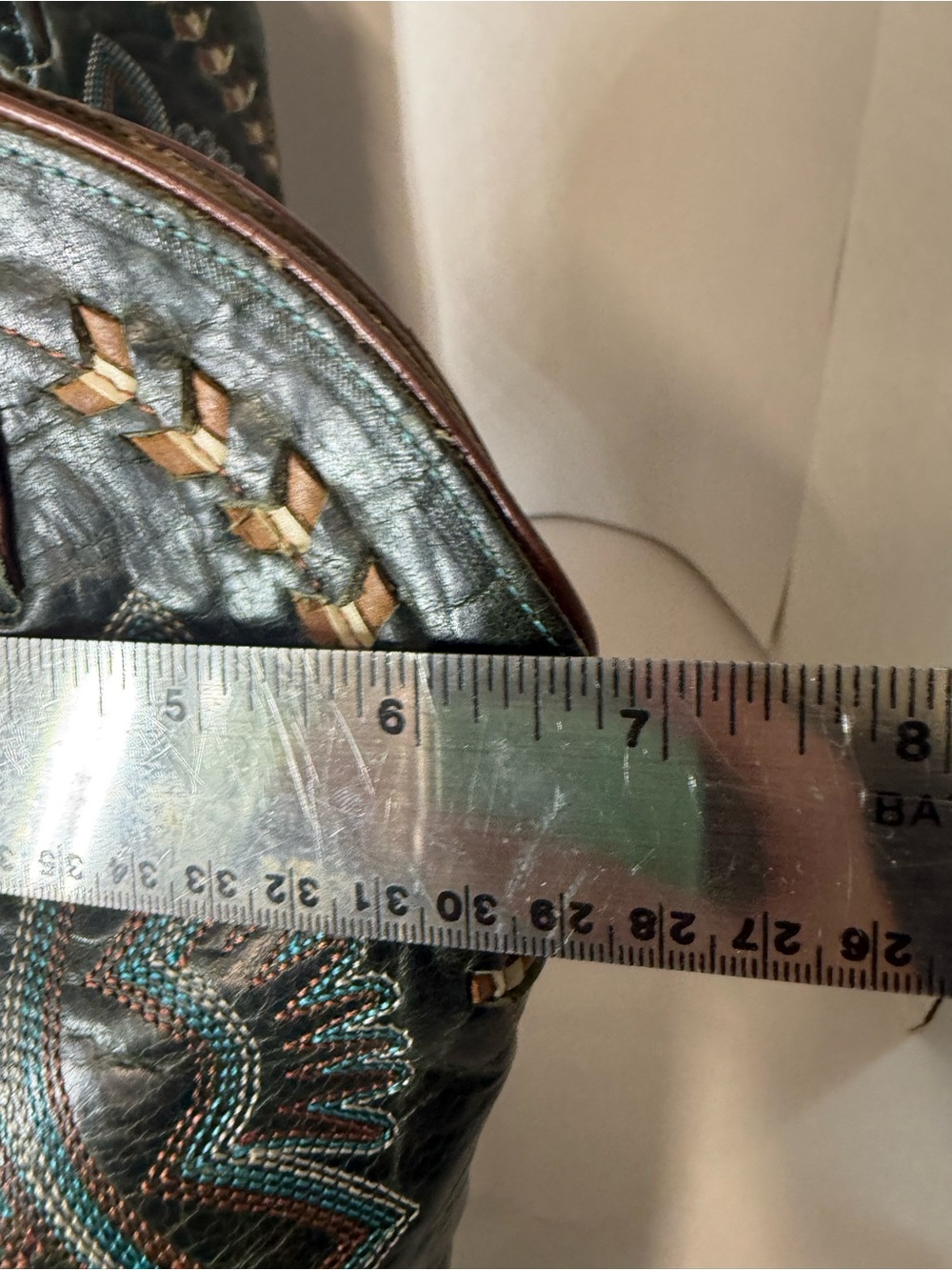 Justin Boots Tan Leather Cowboy Boots with Teal Stitching - Picture 3 of 11